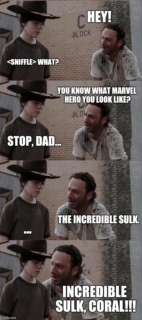 Rick and Carl Long | HEY! <SNIFFLE> WHAT? YOU KNOW WHAT MARVEL HERO YOU LOOK LIKE? STOP, DAD... THE INCREDIBLE SULK. ... INCREDIBLE SULK, CORAL!!! | image tagged in memes,rick and carl long | made w/ Imgflip meme maker