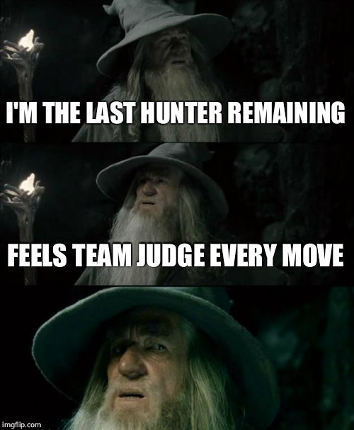 Confused Gandalf | I'M THE LAST HUNTER REMAINING; FEELS TEAM JUDGE EVERY MOVE | image tagged in memes,confused gandalf | made w/ Imgflip meme maker