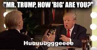 "MR. TRUMP, HOW 'BIG' ARE YOU?" | image tagged in donald trump huuuuuge | made w/ Imgflip meme maker