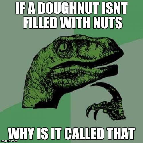 Philosoraptor Meme | IF A DOUGHNUT ISNT FILLED WITH NUTS; WHY IS IT CALLED THAT | image tagged in memes,philosoraptor | made w/ Imgflip meme maker