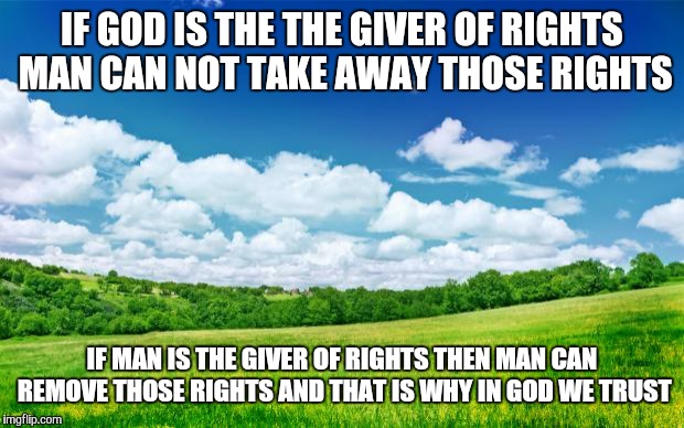beautiful nature | IF GOD IS THE THE GIVER OF RIGHTS MAN CAN NOT TAKE AWAY THOSE RIGHTS; IF MAN IS THE GIVER OF RIGHTS THEN MAN CAN REMOVE THOSE RIGHTS AND THAT IS WHY IN GOD WE TRUST | image tagged in beautiful nature | made w/ Imgflip meme maker