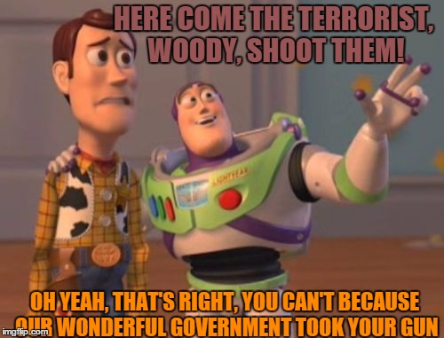 unarmed madness | HERE COME THE TERRORIST, WOODY, SHOOT THEM! OH YEAH, THAT'S RIGHT, YOU CAN'T BECAUSE OUR WONDERFUL GOVERNMENT TOOK YOUR GUN | image tagged in memes,gun control,liberals,terrorists,x x everywhere | made w/ Imgflip meme maker