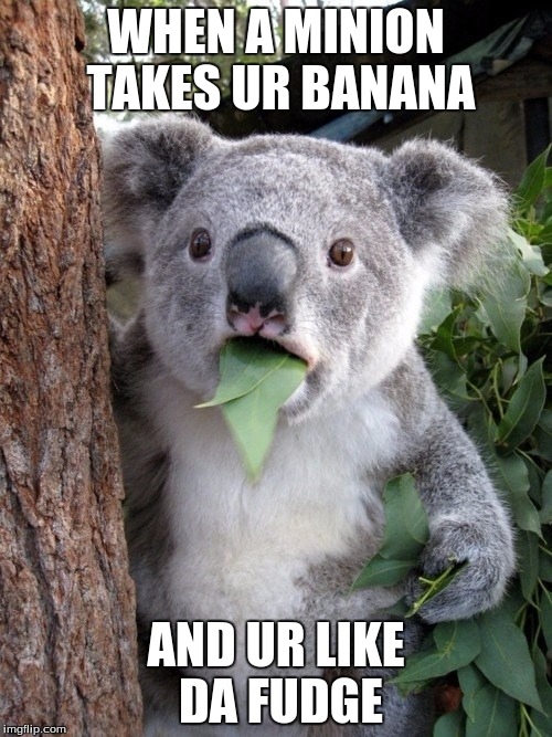 Surprised Koala Meme | WHEN A MINION TAKES UR BANANA; AND UR LIKE DA FUDGE | image tagged in memes,surprised coala | made w/ Imgflip meme maker