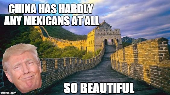 Donald Great Wall of China | CHINA HAS HARDLY ANY MEXICANS AT ALL; SO BEAUTIFUL | image tagged in donald great wall of china,wall,china | made w/ Imgflip meme maker