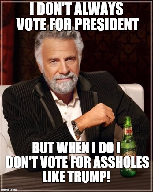 The Most Interesting Man In The World Meme | I DON'T ALWAYS VOTE FOR PRESIDENT; BUT WHEN I DO I DON'T VOTE FOR ASSHOLES LIKE TRUMP! | image tagged in memes,the most interesting man in the world | made w/ Imgflip meme maker