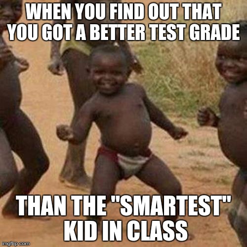 Third World Success Kid Meme | WHEN YOU FIND OUT THAT YOU GOT A BETTER TEST GRADE; THAN THE "SMARTEST" KID IN CLASS | image tagged in memes,third world success kid | made w/ Imgflip meme maker