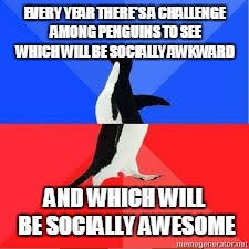 EVERY YEAR THERE'S A CHALLENGE AMONG PENGUINS TO SEE WHICH WILL BE SOCIALLY AWKWARD AND WHICH WILL BE SOCIALLY AWESOME | made w/ Imgflip meme maker