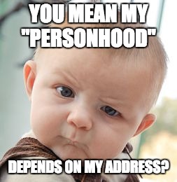 Skeptical Baby Meme | YOU MEAN MY "PERSONHOOD" DEPENDS ON MY ADDRESS? | image tagged in memes,skeptical baby | made w/ Imgflip meme maker