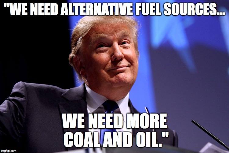 Donald Trump | "WE NEED ALTERNATIVE FUEL SOURCES... WE NEED MORE COAL AND OIL." | image tagged in donald trump | made w/ Imgflip meme maker