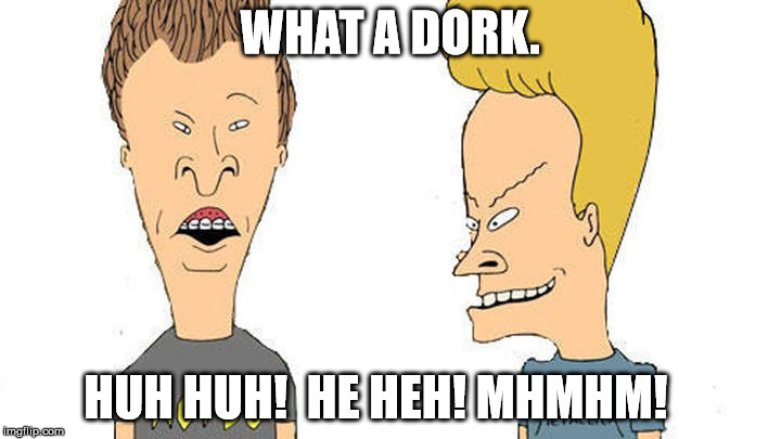 Beavis & Butthead | WHAT A DORK. HUH HUH!  HE HEH! MHMHM! | image tagged in beavis  butthead | made w/ Imgflip meme maker