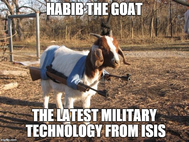 ISIS Goat | HABIB THE GOAT; THE LATEST MILITARY TECHNOLOGY FROM ISIS | image tagged in isis,funny,funny memes,memes,goat | made w/ Imgflip meme maker