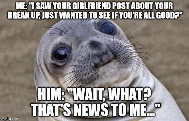 Awkward Moment Sealion Meme | ME: "I SAW YOUR GIRLFRIEND POST ABOUT YOUR BREAK UP, JUST WANTED TO SEE IF YOU'RE ALL GOOD?"; HIM: "WAIT, WHAT? THAT'S NEWS TO ME..." | image tagged in memes,awkward moment sealion,AdviceAnimals | made w/ Imgflip meme maker
