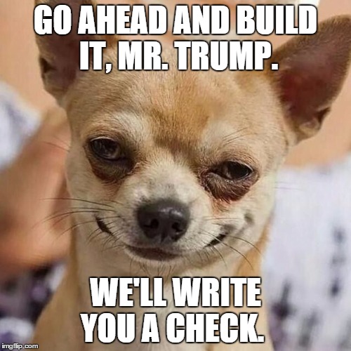 Smirking Dog | GO AHEAD AND BUILD IT, MR. TRUMP. WE'LL WRITE YOU A CHECK. | image tagged in smirking dog | made w/ Imgflip meme maker