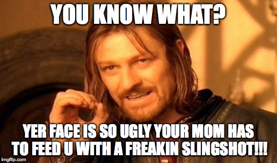 One Does Not Simply Meme | YOU KNOW WHAT? YER FACE IS SO UGLY YOUR MOM HAS TO FEED U WITH A FREAKIN SLINGSHOT!!! | image tagged in memes,one does not simply | made w/ Imgflip meme maker