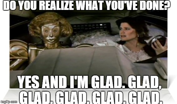 DO YOU REALIZE WHAT YOU'VE DONE? YES AND I'M GLAD. GLAD, GLAD, GLAD, GLAD, GLAD. | image tagged in spaceballs,princess vespa,glad | made w/ Imgflip meme maker