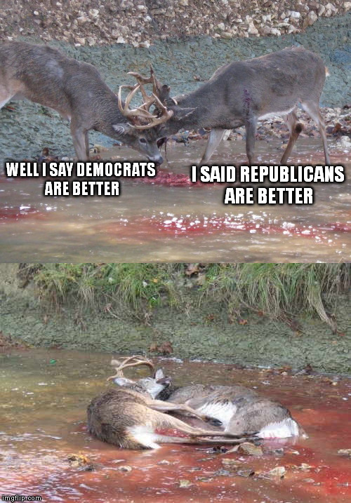 Red State-Blue State. Them's fighting words! | I SAID REPUBLICANS ARE BETTER; WELL I SAY DEMOCRATS ARE BETTER | image tagged in memes,ideology,politics | made w/ Imgflip meme maker