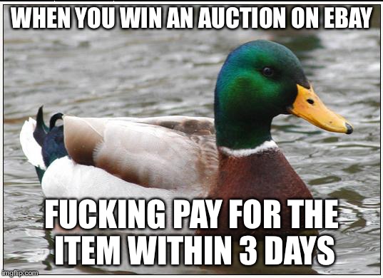 Actual Advice Mallard Meme | WHEN YOU WIN AN AUCTION ON EBAY; FUCKING PAY FOR THE ITEM WITHIN 3 DAYS | image tagged in memes,actual advice mallard,AdviceAnimals | made w/ Imgflip meme maker