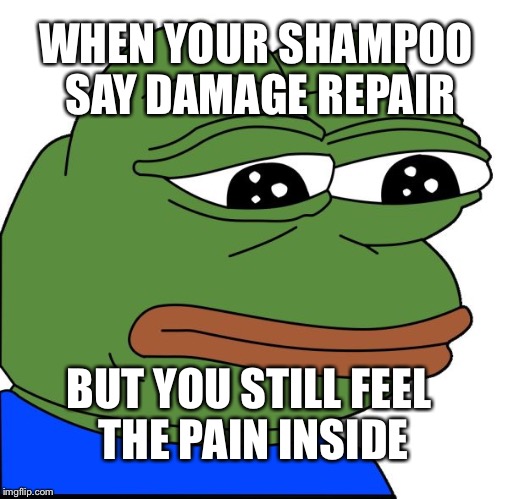 Sad Frog Sami | WHEN YOUR SHAMPOO SAY DAMAGE REPAIR; BUT YOU STILL FEEL THE PAIN INSIDE | image tagged in sad frog sami | made w/ Imgflip meme maker