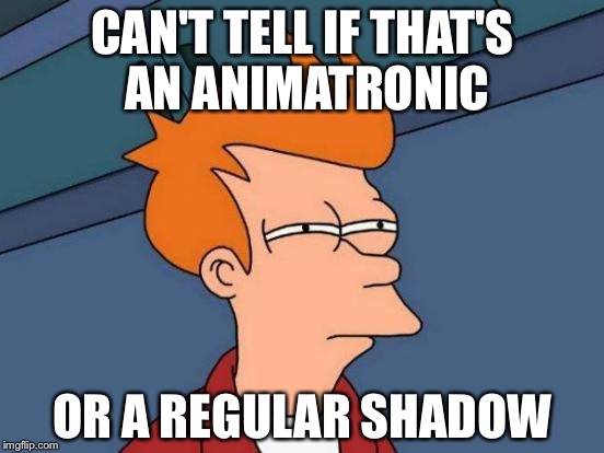 Futurama Fry Meme | CAN'T TELL IF THAT'S AN ANIMATRONIC; OR A REGULAR SHADOW | image tagged in memes,futurama fry | made w/ Imgflip meme maker