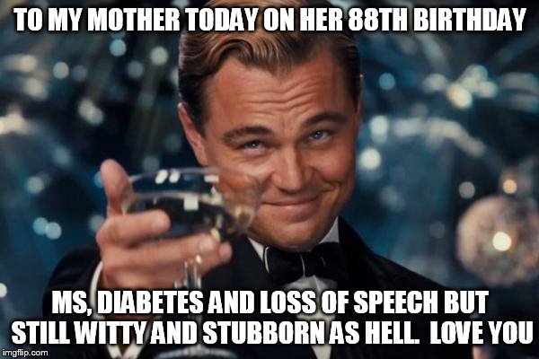 Leonardo Dicaprio Cheers Meme | TO MY MOTHER TODAY ON HER 88TH BIRTHDAY; MS, DIABETES AND LOSS OF SPEECH BUT STILL WITTY AND STUBBORN AS HELL.  LOVE YOU | image tagged in memes,leonardo dicaprio cheers | made w/ Imgflip meme maker