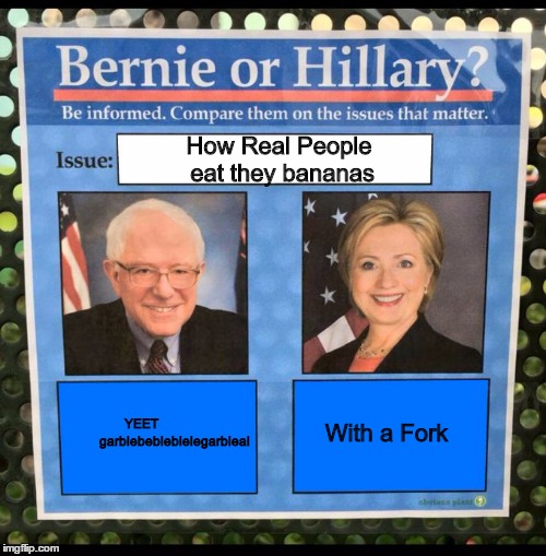 Bernie or Hillary? | How Real People eat they bananas; YEET
                  
garblebebleblelegarbleal; With a Fork | image tagged in bernie or hillary | made w/ Imgflip meme maker