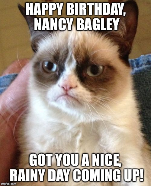 Grumpy Cat | HAPPY BIRTHDAY, NANCY BAGLEY; GOT YOU A NICE, RAINY DAY COMING UP! | image tagged in memes,grumpy cat | made w/ Imgflip meme maker