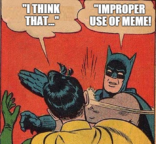 Batman hates when memes are used improperly! | "IMPROPER USE OF MEME! "I THINK THAT..." | image tagged in meme,batman slapping robin,opinion | made w/ Imgflip meme maker