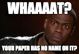 Kevin Hart Meme | WHAAAAT? YOUR PAPER HAS NO NAME ON IT? | image tagged in memes,kevin hart the hell | made w/ Imgflip meme maker
