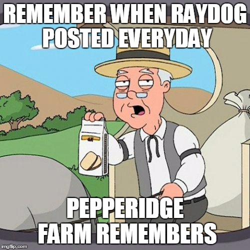 Raydog
 | REMEMBER WHEN RAYDOG POSTED EVERYDAY; PEPPERIDGE FARM REMEMBERS | image tagged in memes,pepperidge farm remembers,funny,raydog,who remembers | made w/ Imgflip meme maker