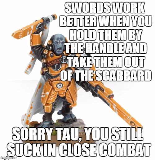Tau | SWORDS WORK BETTER WHEN YOU HOLD THEM BY THE HANDLE AND TAKE THEM OUT OF THE SCABBARD; SORRY TAU, YOU STILL SUCK IN CLOSE COMBAT | image tagged in tau | made w/ Imgflip meme maker