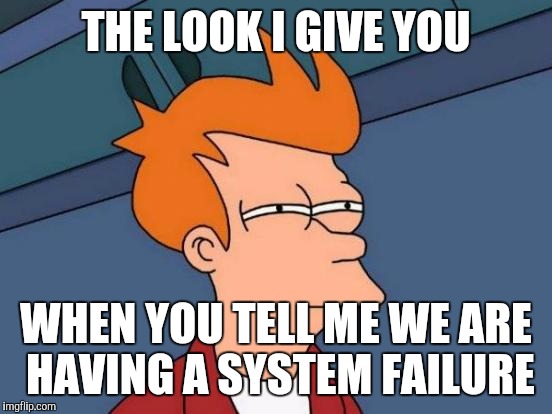 Futurama Fry Meme | THE LOOK I GIVE YOU; WHEN YOU TELL ME WE ARE HAVING A SYSTEM FAILURE | image tagged in memes,futurama fry | made w/ Imgflip meme maker