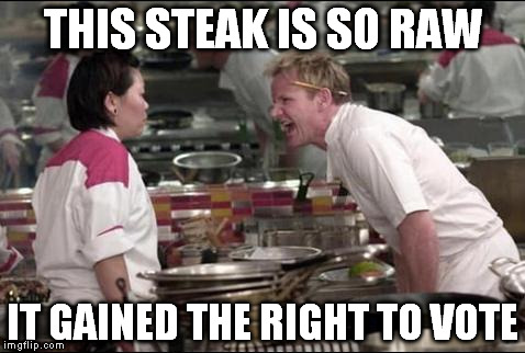 Angry Chef Gordon Ramsay | THIS STEAK IS SO RAW; IT GAINED THE RIGHT TO VOTE | image tagged in memes,angry chef gordon ramsay | made w/ Imgflip meme maker