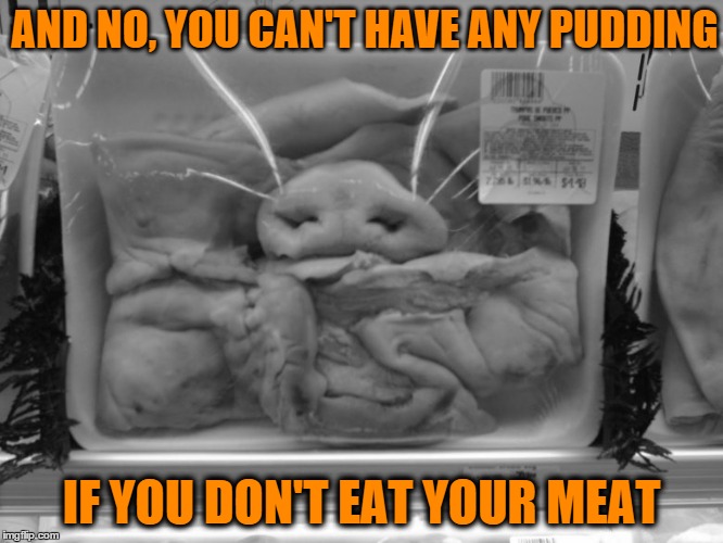 pig snout wrapped | AND NO, YOU CAN'T HAVE ANY PUDDING IF YOU DON'T EAT YOUR MEAT | image tagged in pig snout wrapped | made w/ Imgflip meme maker