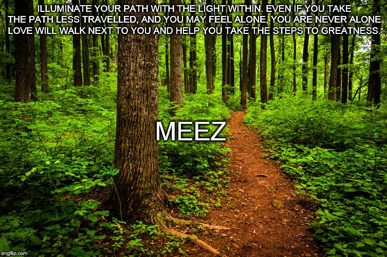 forest path | ILLUMINATE YOUR PATH WITH THE LIGHT WITHIN. EVEN IF YOU TAKE THE PATH LESS TRAVELLED, AND YOU MAY FEEL ALONE, YOU ARE NEVER ALONE. LOVE WILL WALK NEXT TO YOU AND HELP YOU TAKE THE STEPS TO GREATNESS. MEEZ | image tagged in forest path | made w/ Imgflip meme maker