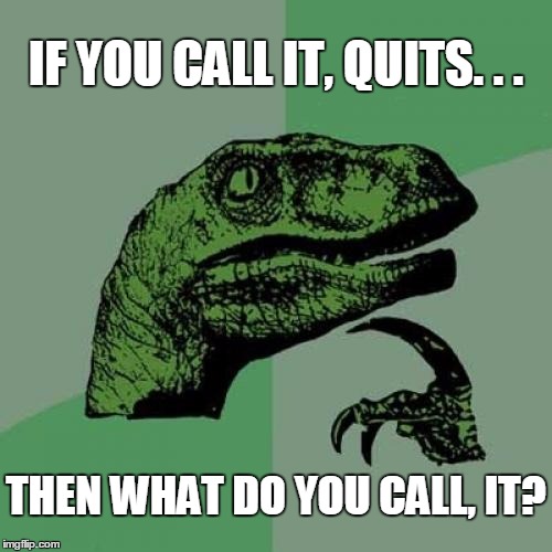 It needs a name | IF YOU CALL IT, QUITS. . . THEN WHAT DO YOU CALL, IT? | image tagged in memes,philosoraptor,quits,quitting,it | made w/ Imgflip meme maker