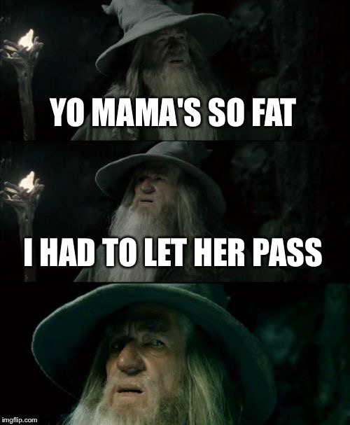 Confused Gandalf | YO MAMA'S SO FAT; I HAD TO LET HER PASS | image tagged in memes,confused gandalf | made w/ Imgflip meme maker