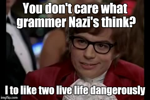 I Too Like To Live Dangerously | You don't care what grammer Nazi's think? I to like two live life dangerously | image tagged in memes,i too like to live dangerously | made w/ Imgflip meme maker