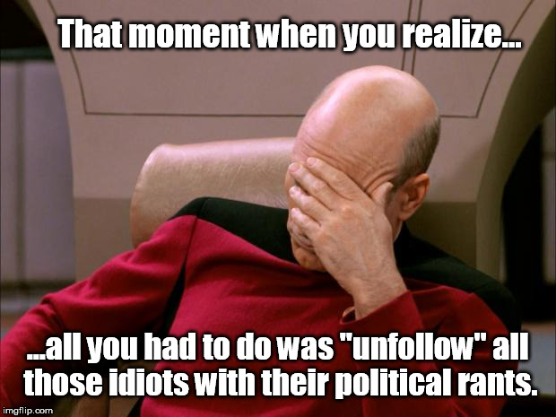 Then you think, "I wonder... who's unfollowing ME?" | That moment when you realize... ...all you had to do was "unfollow" all those idiots with their political rants. | image tagged in captain picard facepalm,facebook,unfollow,epiphany,political meme | made w/ Imgflip meme maker
