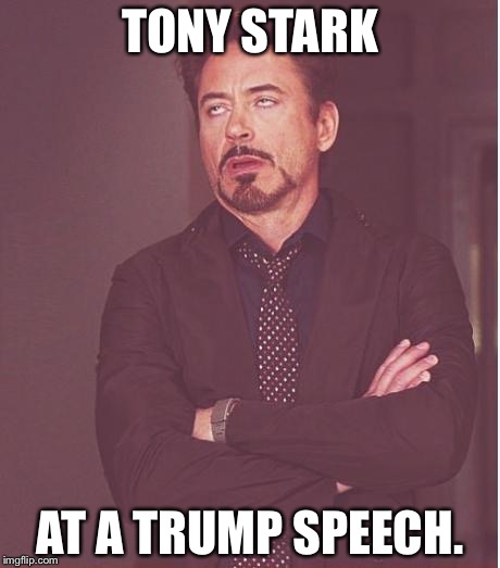 Face You Make Robert Downey Jr | TONY STARK; AT A TRUMP SPEECH. | image tagged in memes,face you make robert downey jr | made w/ Imgflip meme maker