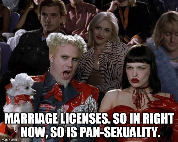 Mugatu So Hot Right Now Meme | MARRIAGE LICENSES. SO IN RIGHT NOW, SO IS PAN-SEXUALITY. | image tagged in memes,mugatu so hot right now | made w/ Imgflip meme maker