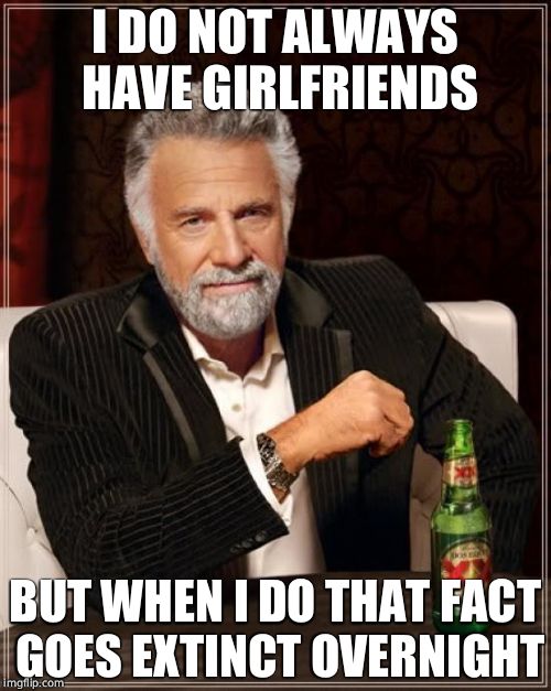 The Most Interesting Man In The World Meme | I DO NOT ALWAYS HAVE GIRLFRIENDS BUT WHEN I DO THAT FACT GOES EXTINCT OVERNIGHT | image tagged in memes,the most interesting man in the world | made w/ Imgflip meme maker