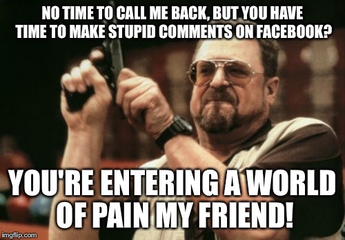 Am I The Only One Around Here Meme | NO TIME TO CALL ME BACK, BUT YOU HAVE TIME TO MAKE STUPID COMMENTS ON FACEBOOK? YOU'RE ENTERING A WORLD OF PAIN MY FRIEND! | image tagged in memes,am i the only one around here | made w/ Imgflip meme maker