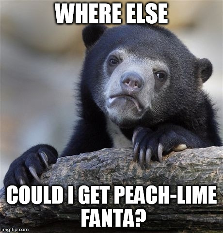 Confession Bear Meme | WHERE ELSE COULD I GET PEACH-LIME FANTA? | image tagged in memes,confession bear | made w/ Imgflip meme maker