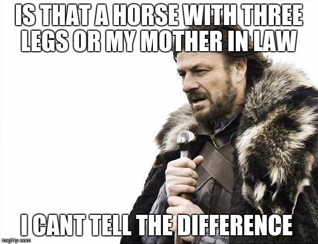 Brace Yourselves X is Coming | IS THAT A HORSE WITH THREE LEGS OR MY MOTHER IN LAW; I CANT TELL THE DIFFERENCE | image tagged in memes,brace yourselves x is coming | made w/ Imgflip meme maker