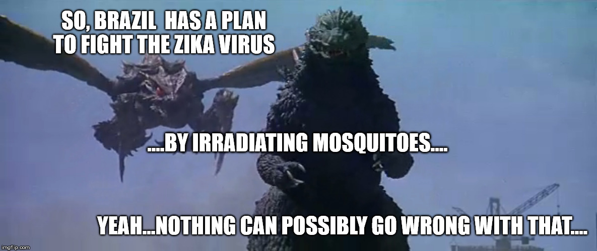 Bad idea... | SO, BRAZIL  HAS A PLAN TO FIGHT THE ZIKA VIRUS; ....BY IRRADIATING MOSQUITOES.... YEAH...NOTHING CAN POSSIBLY GO WRONG WITH THAT.... | image tagged in zika virus,mosquitoes,godzilla,brazil,pir8,scifi | made w/ Imgflip meme maker