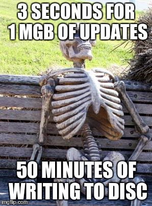 updates for payday 2 and my computer | 3 SECONDS FOR 1 MGB OF UPDATES; 50 MINUTES OF WRITING TO DISC | image tagged in memes,waiting skeleton,payday 2,updates,wait | made w/ Imgflip meme maker