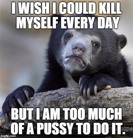 Confession Bear Meme | I WISH I COULD KILL MYSELF EVERY DAY; BUT I AM TOO MUCH OF A PUSSY TO DO IT. | image tagged in memes,confession bear,AdviceAnimals | made w/ Imgflip meme maker