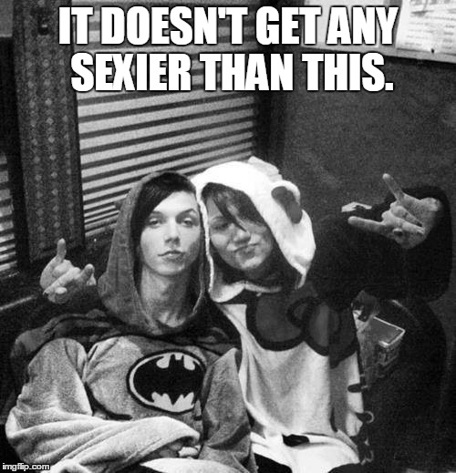 Andy & Ash in their sexy onesies | IT DOESN'T GET ANY SEXIER THAN THIS. | image tagged in black veil brides,andy biersack,ashley purdy | made w/ Imgflip meme maker
