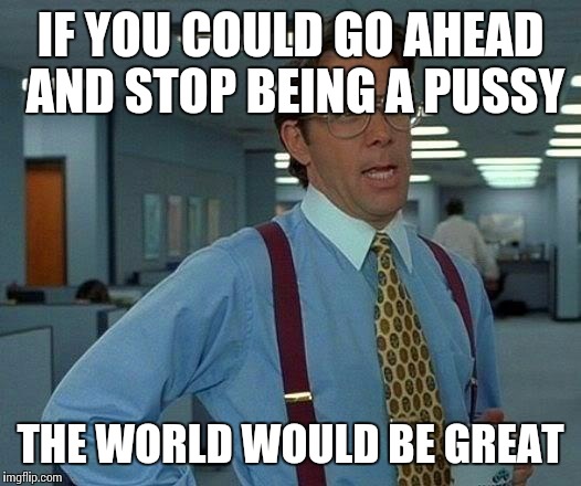 That Would Be Great Meme | IF YOU COULD GO AHEAD AND STOP BEING A PUSSY THE WORLD WOULD BE GREAT | image tagged in memes,that would be great | made w/ Imgflip meme maker