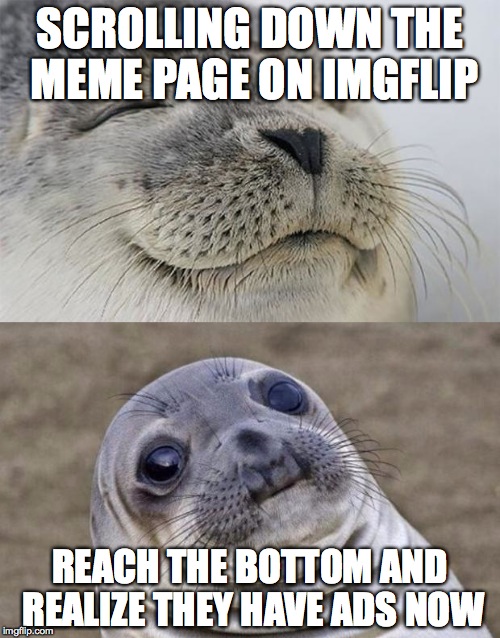 Short Satisfaction VS Truth Meme | SCROLLING DOWN THE MEME PAGE ON IMGFLIP; REACH THE BOTTOM AND REALIZE THEY HAVE ADS NOW | image tagged in memes,short satisfaction vs truth | made w/ Imgflip meme maker
